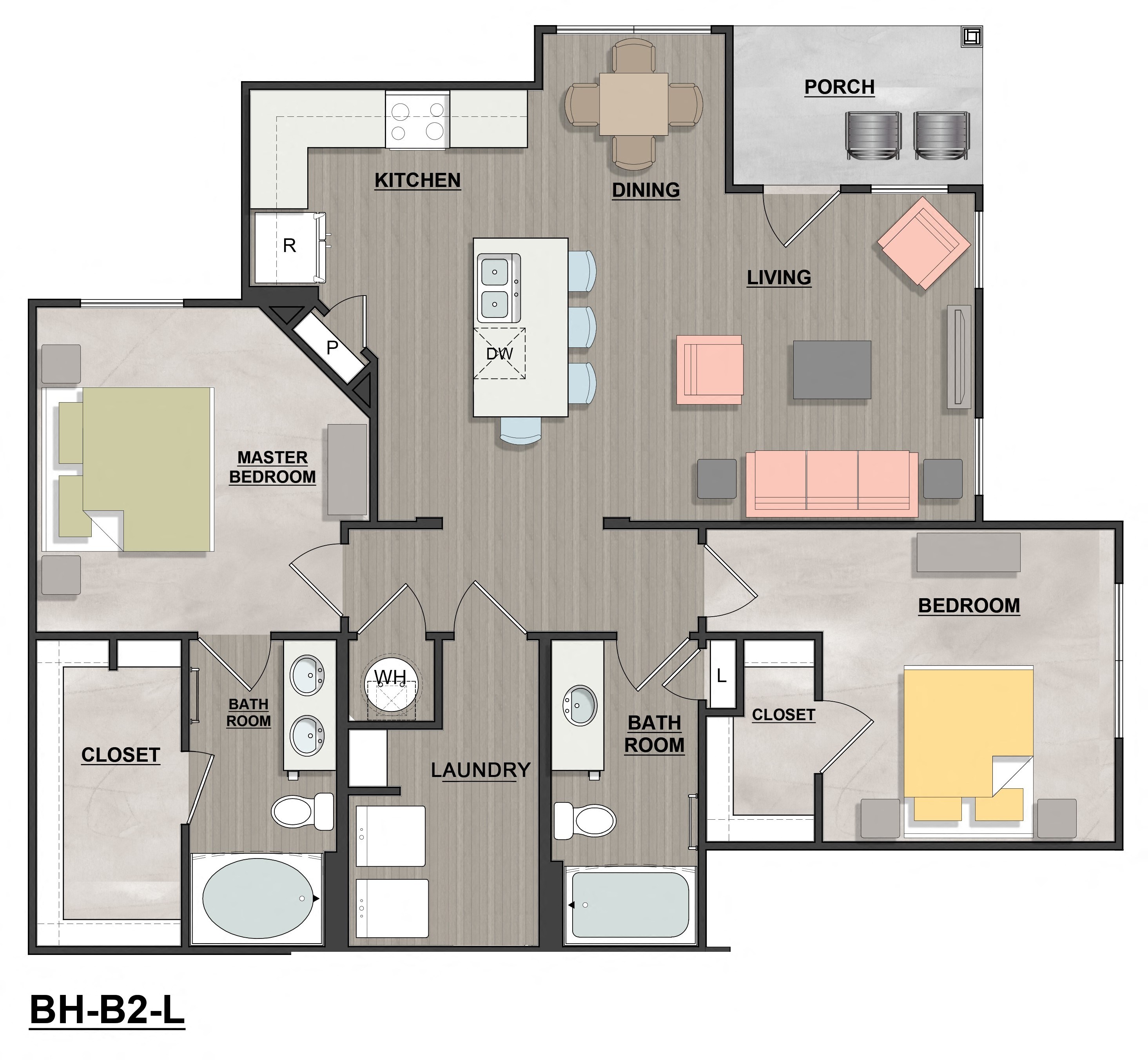 Floor plan for 2 beds, 2 baths, 1170 sqft